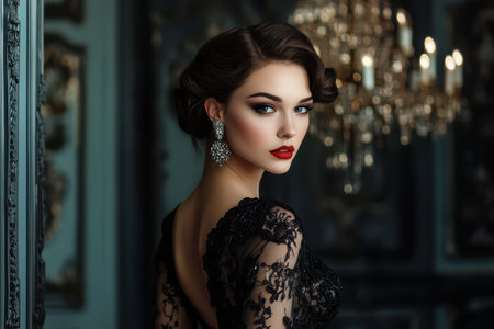 Woman wearing an intricate black lace dress showcases glamorous makeup and vintage hairstyle in opulent setting.の写真素材