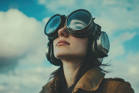 A woman stands outdoors, wearing vintage goggles and a brown jacket, looking thoughtfully at the sky.の写真素材