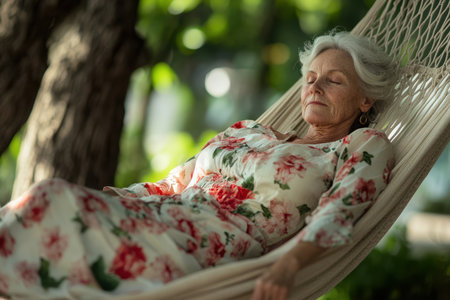 A woman enjoys a peaceful moment in a hammock, wearing a floral dress, beneath lush trees in a tranquil setting.の写真素材
