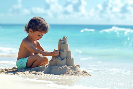 A young boy is focused on constructing a detailed sandcastle next to gentle ocean waves under a bright sky.の写真素材