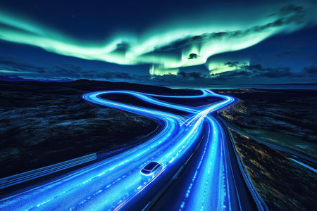 A modern car navigates a twisting road surrounded by vibrant blue lights and stunning auroras overhead.の写真素材