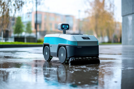 A delivery robot glides over a shiny wet surface in an urban area, showcasing its advanced technology and design.の写真素材