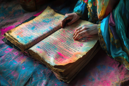 A person examines an ancient book filled with colorful ink on a richly decorated fabric surface.の写真素材