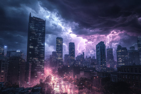 Thunderstorms send dramatic lightning over a vibrant city skyline at night, creating a captivating scene.の写真素材