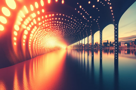 Colorful lights create a stunning visual effect in a tranquil tunnel by the water, reflecting city vibes.の写真素材