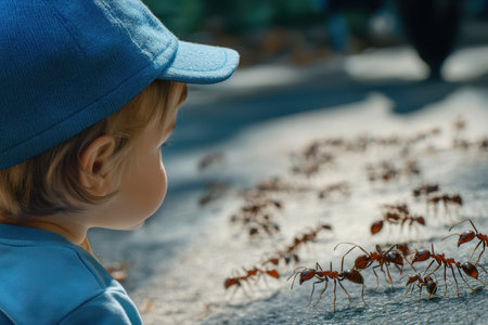 A young child watches a busy trail of ants on a sunny day in a park, curious about their activity.の写真素材