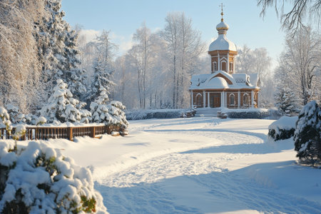 A beautiful church surrounded by snow-covered trees and a serene pathway under clear blue skies.の写真素材