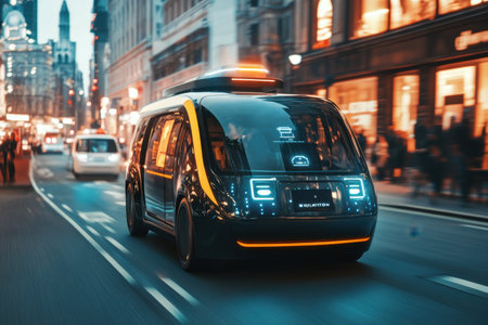 A sleek electric vehicle maneuvers through a vibrant city street illuminated by bright lights at night.の写真素材