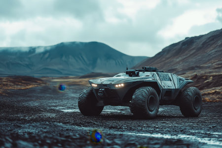 An all-terrain vehicle stands poised on a rocky path surrounded by dramatic mountains and clouds.の写真素材