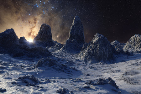 Jagged rocky peaks rise from a frozen terrain as light breaks over the horizon in a star-filled sky.の写真素材
