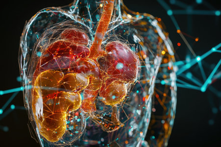 Detailed depiction of human lungs illuminated with vibrant colors, showing an intricate network of connections.の写真素材