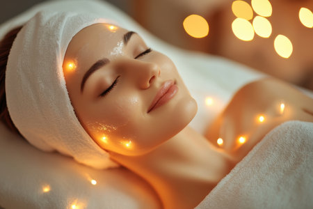 A woman receives a soothing facial treatment with soft lights, enjoying a peaceful moment at a spa.の写真素材