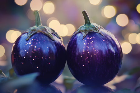 Two vibrant eggplants sparkle with lights in a garden, capturing the beauty of twilight in nature.の写真素材