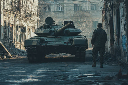A soldier stands near a tank in a deserted street surrounded by crumbling buildings at dusk.の写真素材