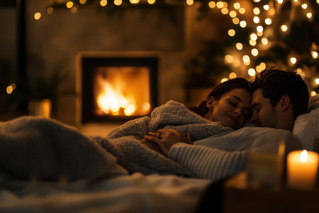 A couple enjoys a relaxed evening snuggled under blankets next to a warm fireplace illuminated by candles.の写真素材
