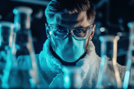 A scientist wearing a mask and goggles focuses intently on glass beakers in a laboratory setting.の写真素材