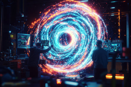 Two work researchers with glowing technology, manifesting a swirling portal in a modern research lab.の写真素材