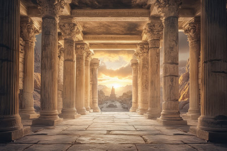 Sunlight streams through tall columns of ancient ruins, illuminating a breathtaking view of a distant statue.の写真素材