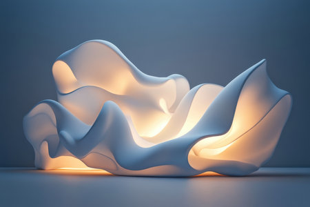 A modern white sculpture features flowing shapes and gentle lighting, creating a serene atmosphere in a dark space.の写真素材