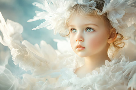 A child in a feathered outfit looks off into the distance, capturing a moment of innocence and wonder.の写真素材