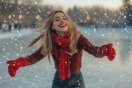 A woman skates gracefully on an outdoor rink, surrounded by falling snow and cheerful winter lights.の素材