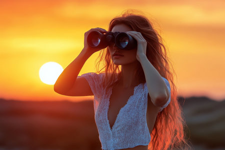 A woman gazes through binoculars, observing the horizon as the sun sets, illuminating the sky with warm hues.の写真素材