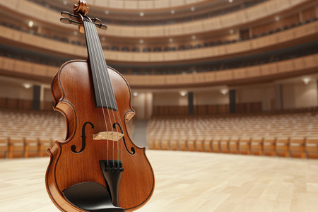 A beautifully crafted violin stands alone on stage, waiting for the artist to perform in a spacious concert hall.の写真素材