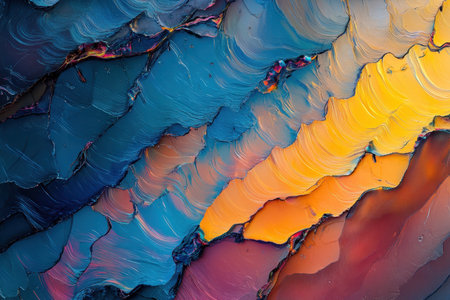 Vibrant colors flow and blend together in smooth abstract layers of blue and orange hues, creating depth.の写真素材
