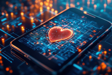 A smartphone rests on a surface, showing a vibrant heart symbol against a blue digital background.の写真素材