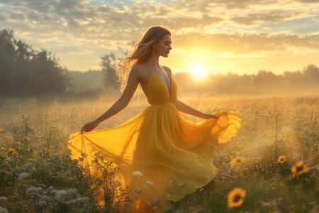 A woman twirls gracefully in a flowing yellow dress as the sun sets behind her in a peaceful meadow.の写真素材
