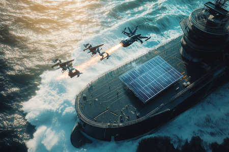Fighter jets launch from the deck of a robust naval vessel amidst crashing waves under a sunlit sky.の写真素材
