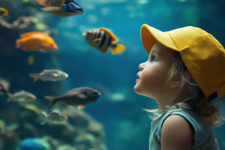 Young child with a yellow cap gazes in awe at various fish swimming in a large aquarium display.の写真素材