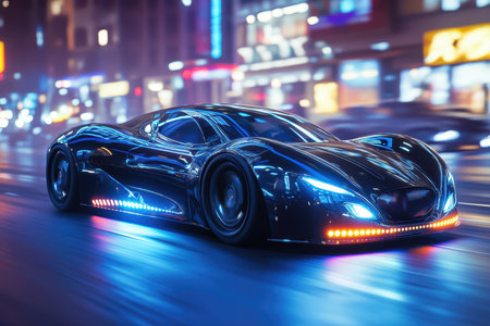 A sleek, modern sports car speeds along a vibrant city street illuminated by neon lights.の写真素材