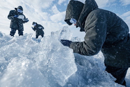 Teams are examining large ice chunks in a cold environment, capturing data for their research.の写真素材