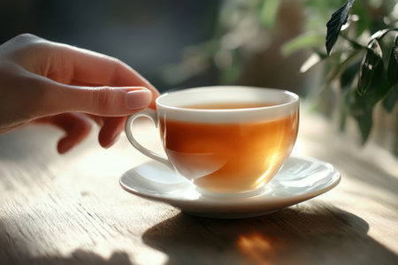 A hand reaches for a warm cup of herbal tea placed on a white saucer, illuminated by gentle sunlight.の写真素材