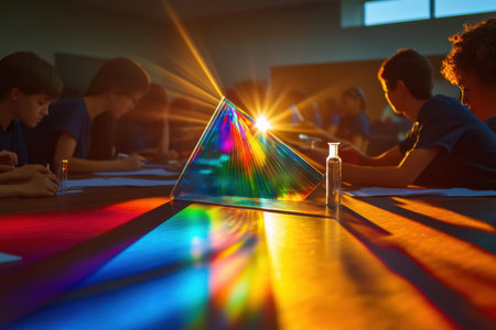 Students engaged in hands-on learning about light dispersion using a prism in a classroom setting.の写真素材