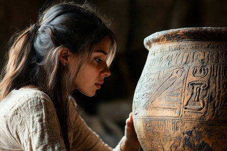 A young woman examines intricately designed pottery at an archaeological site, intrigued by its history.の写真素材