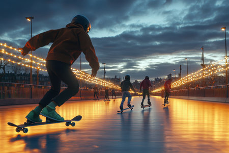 Children skate along a lit pathway at dusk, enjoying the cool evening air and vibrant atmosphere.の写真素材