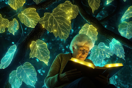 An elderly woman reads a book beneath luminous leaves, surrounded by a peaceful forest ambiance at night.の写真素材