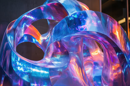 A vibrant abstract sculpture features flowing shapes and colorful reflections in an urban indoor environment.の写真素材