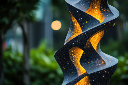 A kinetic spiral sculpture emits a warm glow, surrounded by lush greenery in a vibrant urban park at twilight.の写真素材