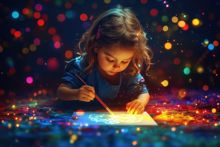 A young girl concentrates on her painting, surrounded by a magical display of colorful lights.の写真素材