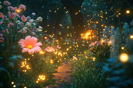 A serene garden path is adorned with vibrant flowers and illuminated by sparkling lights at dusk.の写真素材