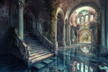 Ancient staircase leads to a flooded interior adorned with vibrant vines and soft natural light streaming in.の写真素材