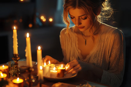 A young woman sits at a table, surrounded by candles, thoughtfully preparing for a serene dinner experience.の写真素材