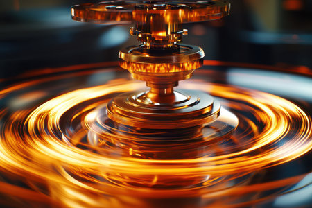 A top spins rapidly, emanating bright orange and yellow trails, capturing the beauty of motion in low light.の写真素材