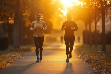 Two women are jogging side by side on a path in a park, illuminated by warm sunset light.の写真素材