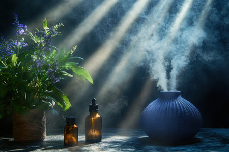 Diffused steam rises from a blue ceramic vase as essential oils mica in soft light alongside fresh herbs.の写真素材