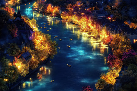 This serene river showcases vibrant autumn foliage under soft glowing lights, with gentle boats drifting by.の写真素材