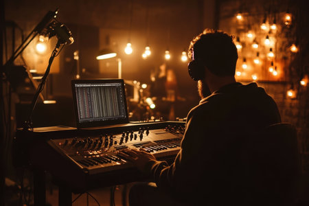 A music producer sits at a keyboard and computer, focusing on mixing sound in a warmly lit studio environment.の写真素材